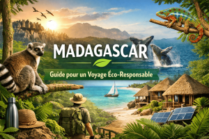 Collage of eco-friendly tourism in Madagascar: solar-powered eco-lodges, women weaving baskets, whale watching, and hiking, promoting sustainable practices