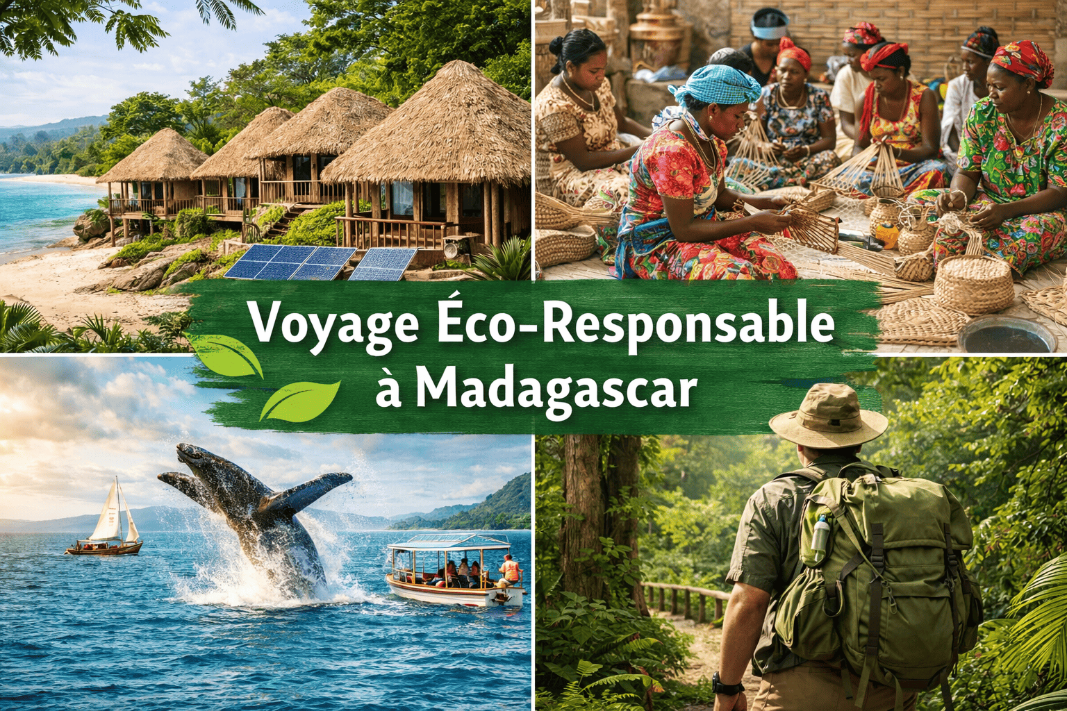 Digital collage showing eco-tourism in Madagascar: a man filling a reusable water bottle, hikers in a tropical rainforest, and a hybrid car near a traditional hut with solar panels.