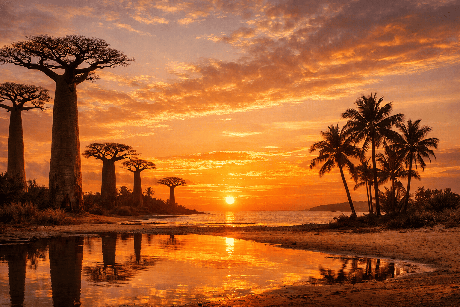 Sunset over Madagascar with baobabs and tropical landscape, holiday banner