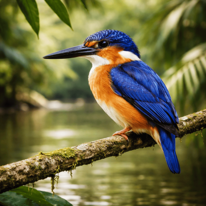 Madagascar kingfisher perched on a tropical branch in lush forest