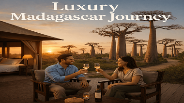 “Couple enjoying a luxury travel experience in Madagascar at sunset near baobab trees, with safari-style lodge in background.”