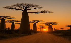 “The iconic silhouette of Madagascar’s baobabs bathed in sunset.”